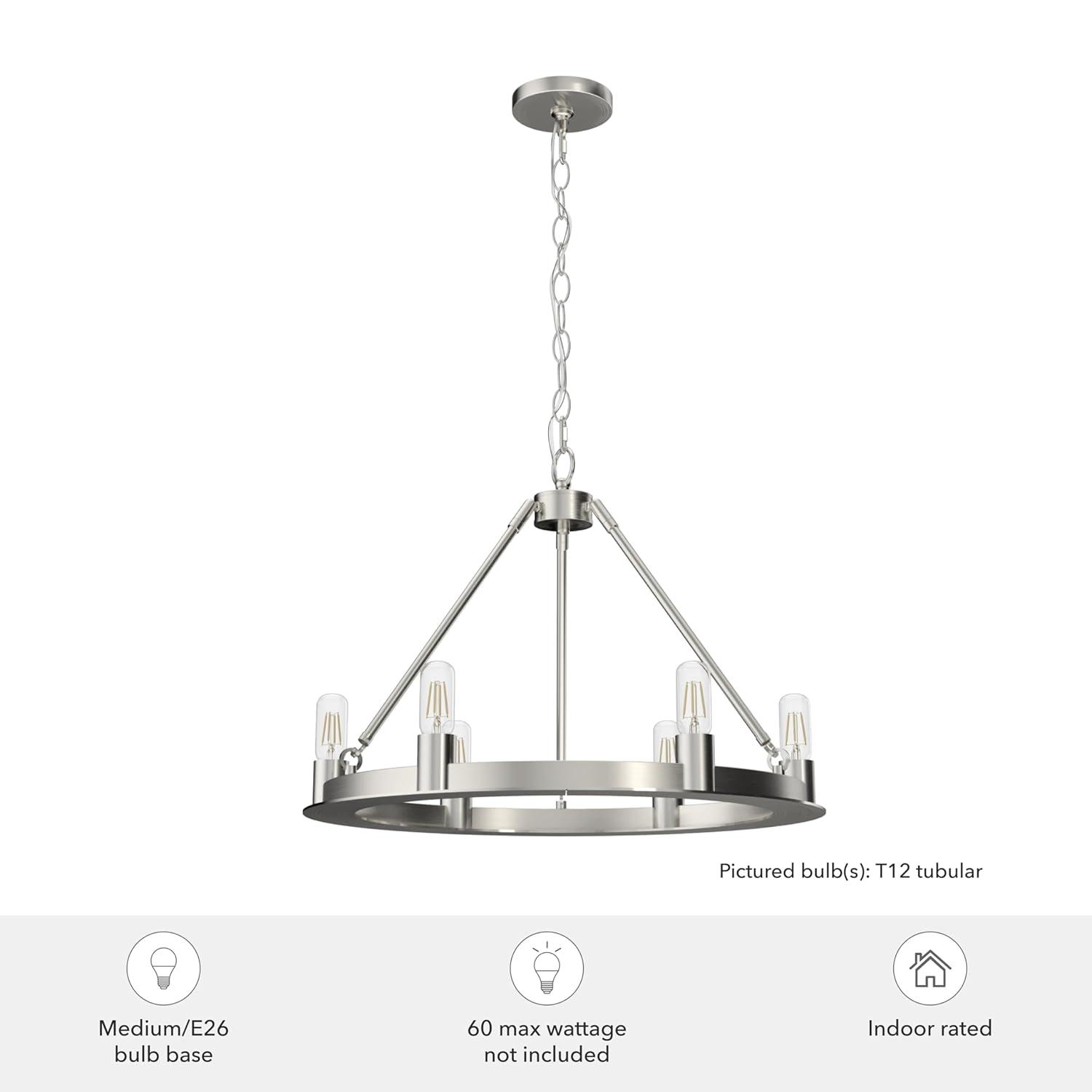 Hunter - Saddlewood 6-light Brushed Nickel, Large Chandelier, Dimmable, Casual Style, Wagon Wheel Shaped, for Bedrooms, Kitchens, Dining, Living Rooms - 19034