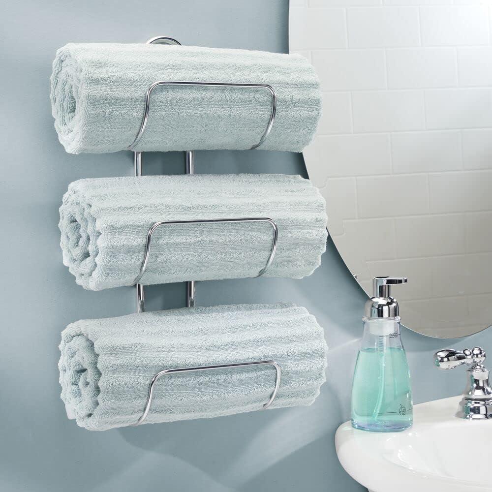 mDesign Metal 3-Tier Wall Mount Towel Rack Holder and Storage Organizer