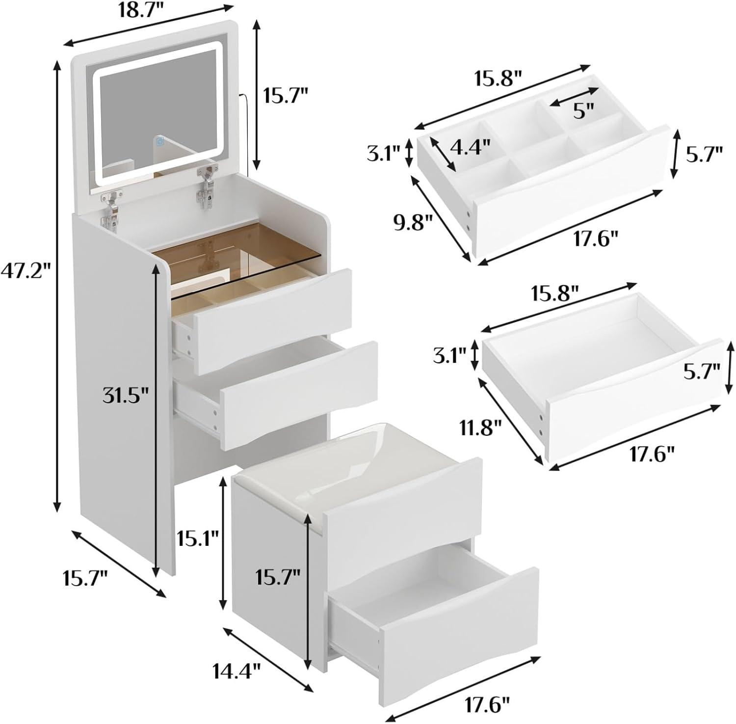 Joqixon Vanity Desk with Flip Top Mirror and Lights, Makeup Vanity Set with Glass Shelf, Space Saving Dressing Table with 3 Drawers & Cushion Stool for Bedroom, White