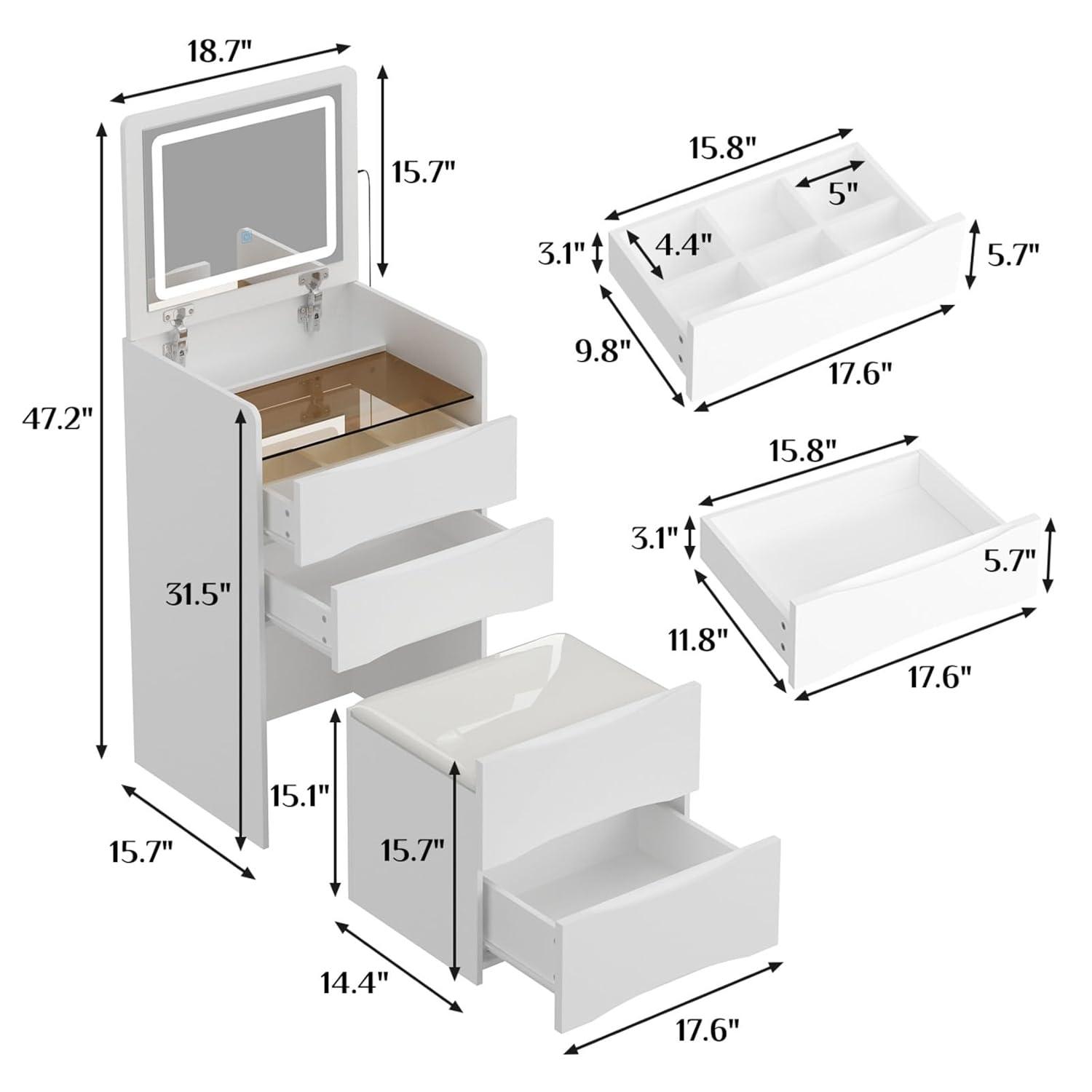 Joqixon Vanity Desk with Flip Top Mirror and Lights, Makeup Vanity Set with Glass Shelf, Space Saving Dressing Table with 3 Drawers & Cushion Stool for Bedroom, White