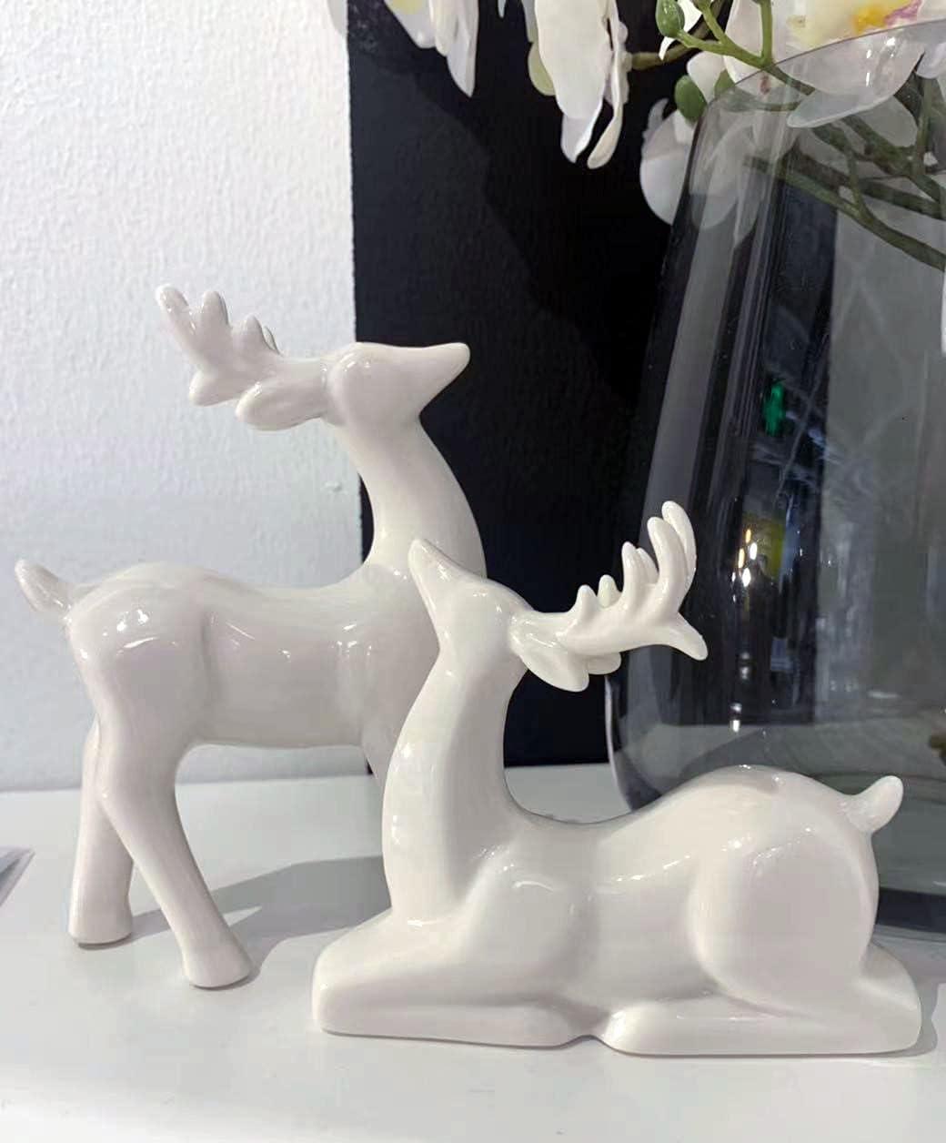 QIAOIDEA Pack 2 Porcelain Christmas Reindeer Figurines Mini Animal Reindeer Decor Deer Statues Sculpture Collectible Figurines