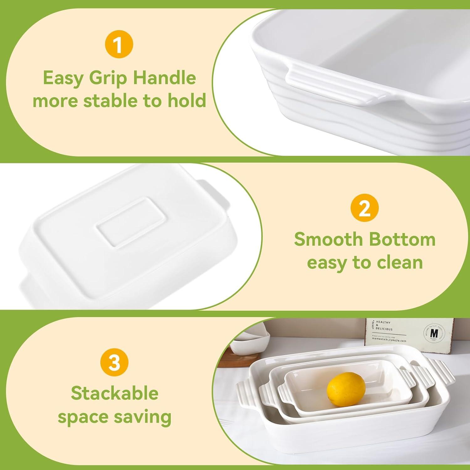 Baking Dish for Oven Casserole Dishes Bakeware Set With Ramekin Ceramic Lasagna Pan 9×12.8 Inch Large Deep Baking Dishes Rectangular Non-Stick Baking Pans for Kitchen Baking and Roasting White