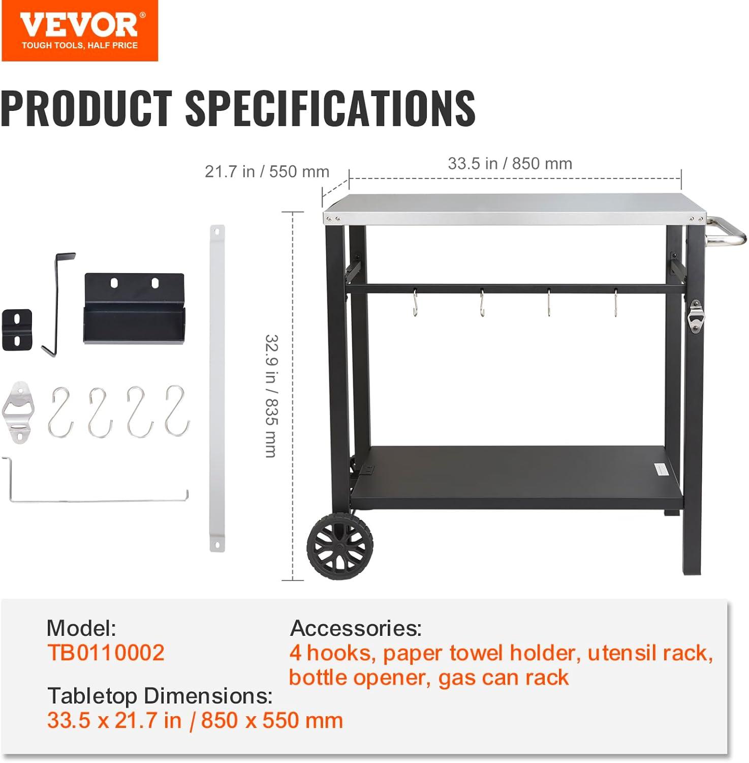 Outdoor Grill Dining Cart with Double-Shelf, BBQ Movable Food Prep Table, Multifunctional Iron Table Top, Portable Modular Carts for Pizza Oven, Worktable with 2 Wheels, Carry Handle, Black