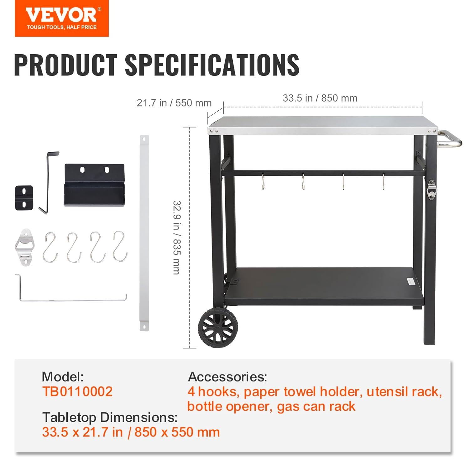 VEVOR Outdoor Grill Dining Cart with Double-Shelf, BBQ Movable Food Prep Table, Multifunctional Foldable Iron Table Top, Portable Modular Carts