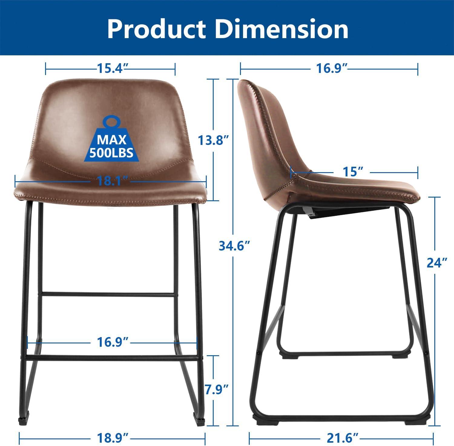 Bennium Counter Stools Set of 2, 24 inch Counter Height Bar Stools Hold up to 500 lbs, Armless Counter Height Chairs with Metal Legs & Soft Backrest for Kitchen Island Coffee Shop, Brown