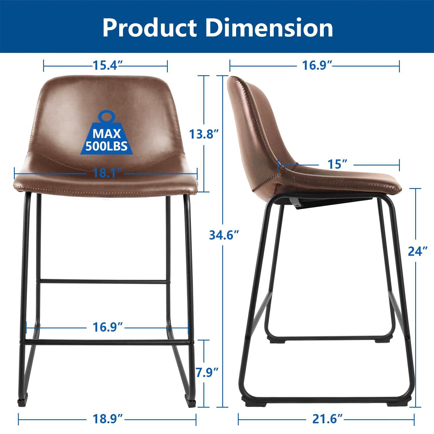 Bennium Counter Stools Set of 2, 24 inch Counter Height Bar Stools Hold up to 500 lbs, Armless Counter Height Chairs with Metal Legs & Soft Backrest for Kitchen Island Coffee Shop, Brown