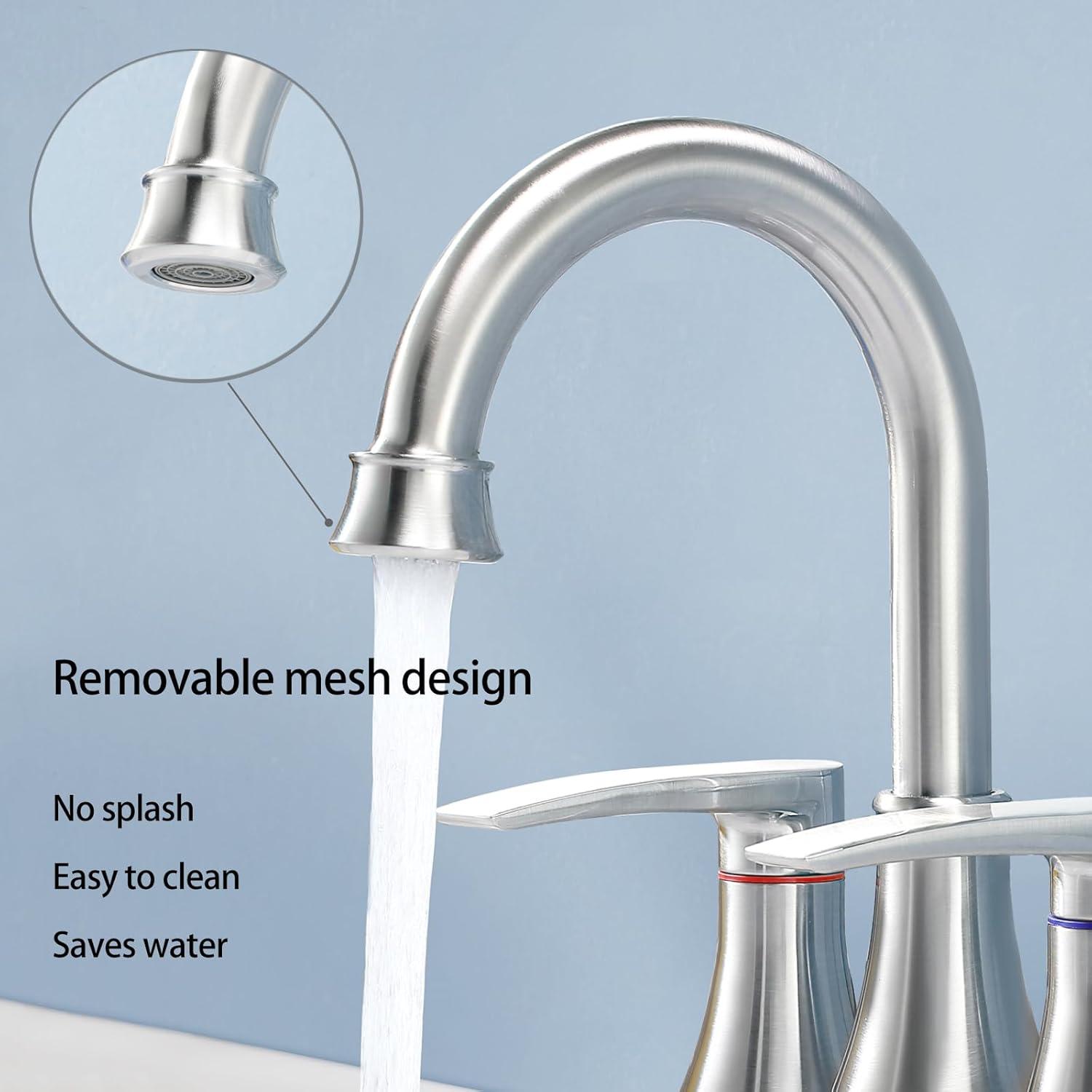 Brushed Nickel Bathroom Faucet, 2-Handle Lead-Free 360° Swivel High-Arc Spout 4 Inch Centerset Bath Lavatory Vanity Sink Faucets Set for Sinks with Drain & Water Hoses, VABM80008L