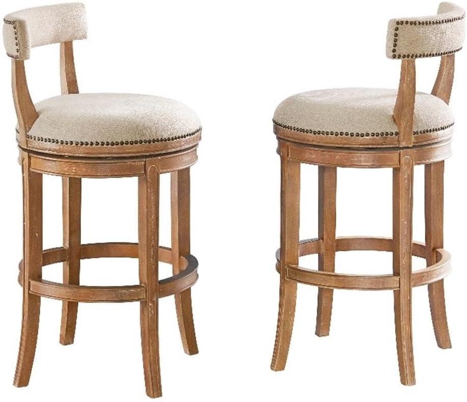 Alaterre Hanover Swivel Bar Height Stool, Weathered Brown and Beige, Solid Rubberwood Frame with Faux Linen Upholstered Seat, Nailhead Trim, Memory Return Swivel, 20 in. W x 22 in. D x 41 in. H