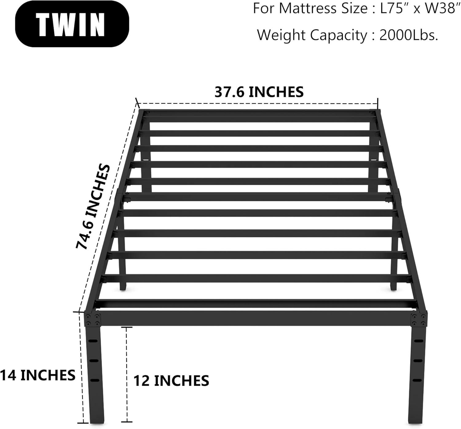 Twin Size Bed Frame 14 Inch Metal Bed Frame，No Box Spring Needed, Storage Space Under The Bed Heavy Duty Frame Bed, Non-Slip Noise Free Easy Assembly Durable Twin Size Bed Frame