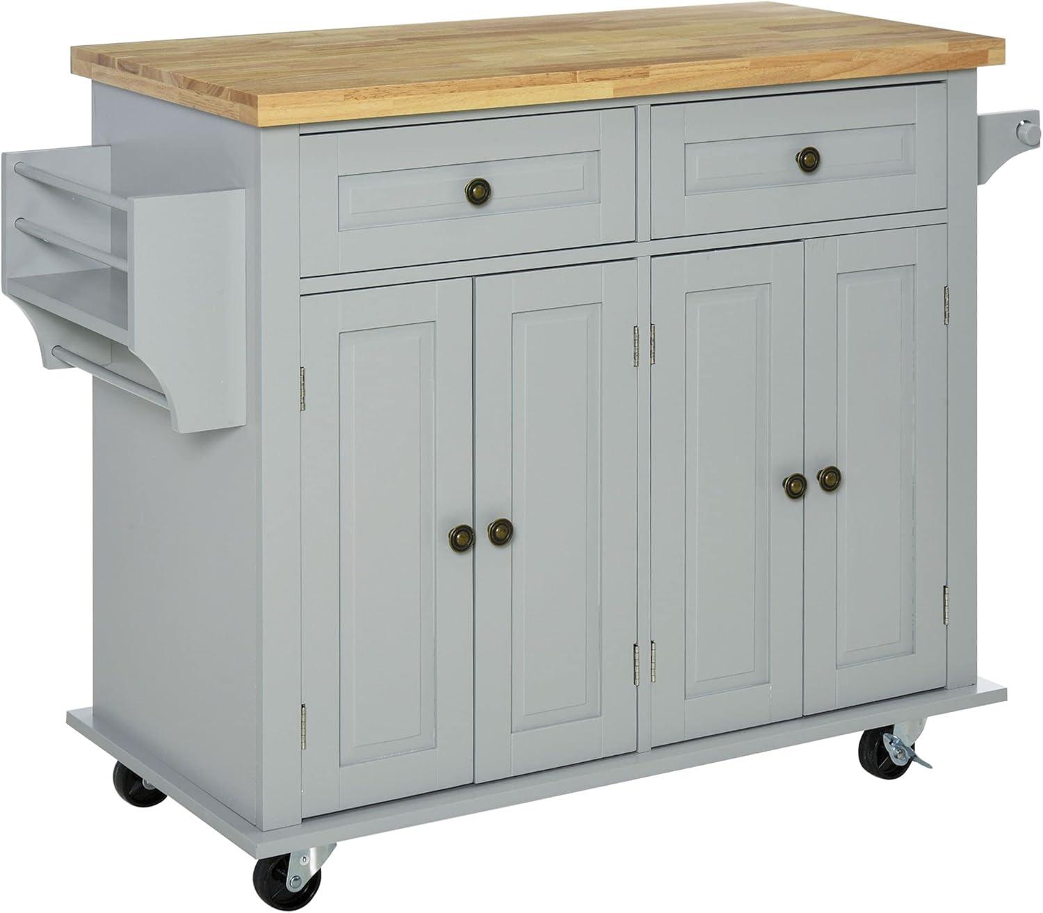 Gray Rolling Kitchen Island Cart with Rubberwood Top and Storage