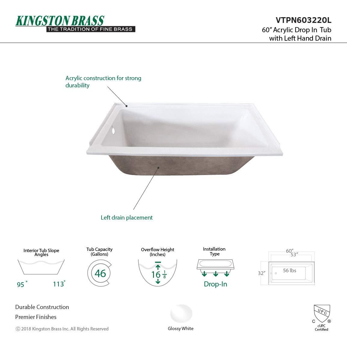 Kingston Brass Aqua Eden 60-Inch Acrylic Rectangular Drop-In Tub
