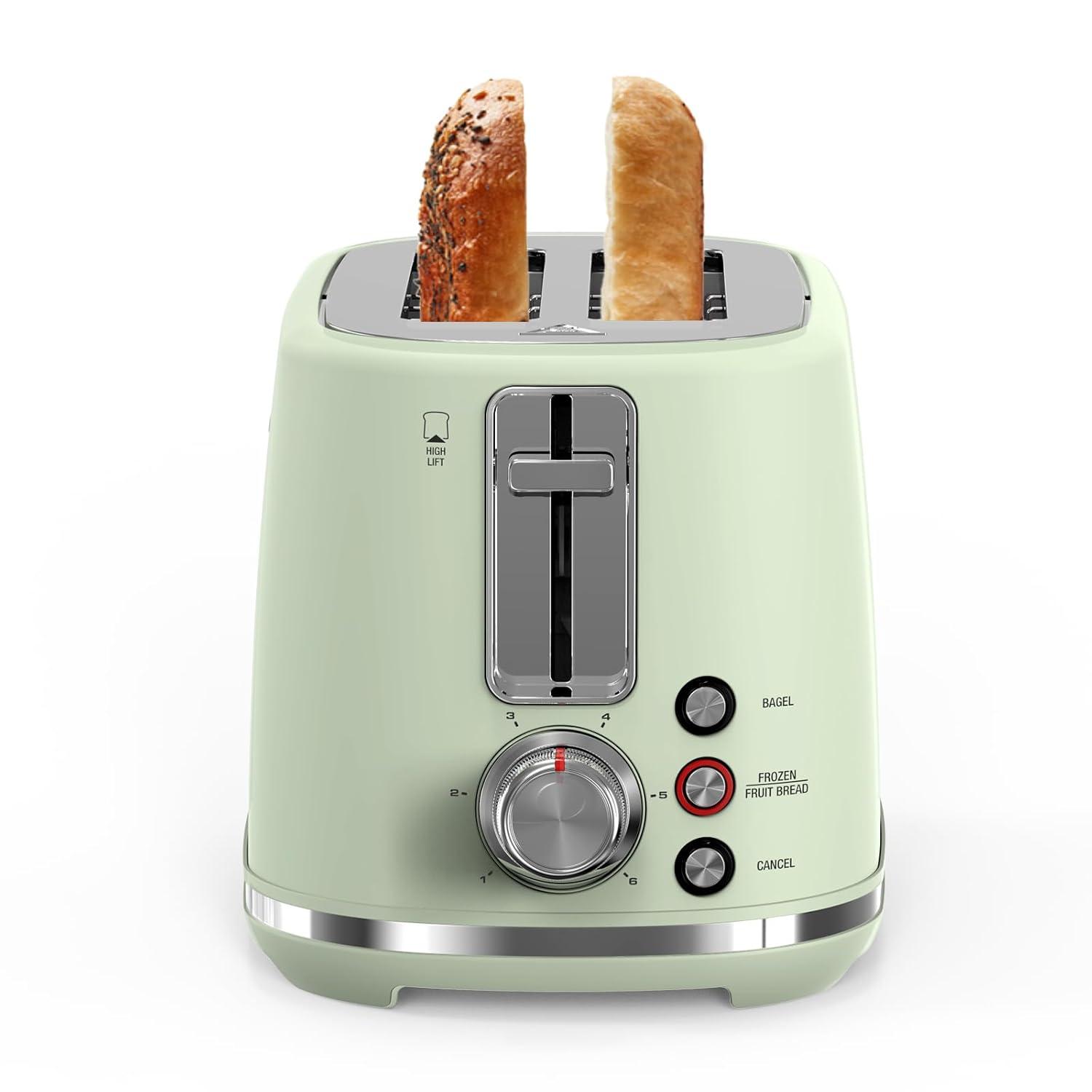 LONGDEEM 2 Slice Toaster, 6 Settings, Extra Wide Slots, High Lift, Auto Shutoff, Pastel Green, New