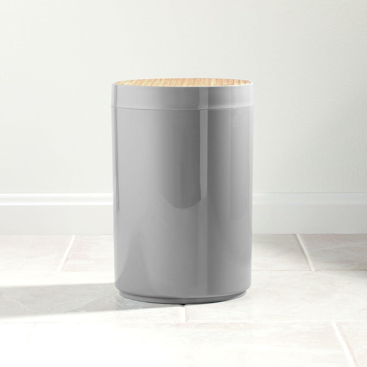 mDesign Plastic Round Trash Can Small with Swing-Close Lid - Gray/Natural