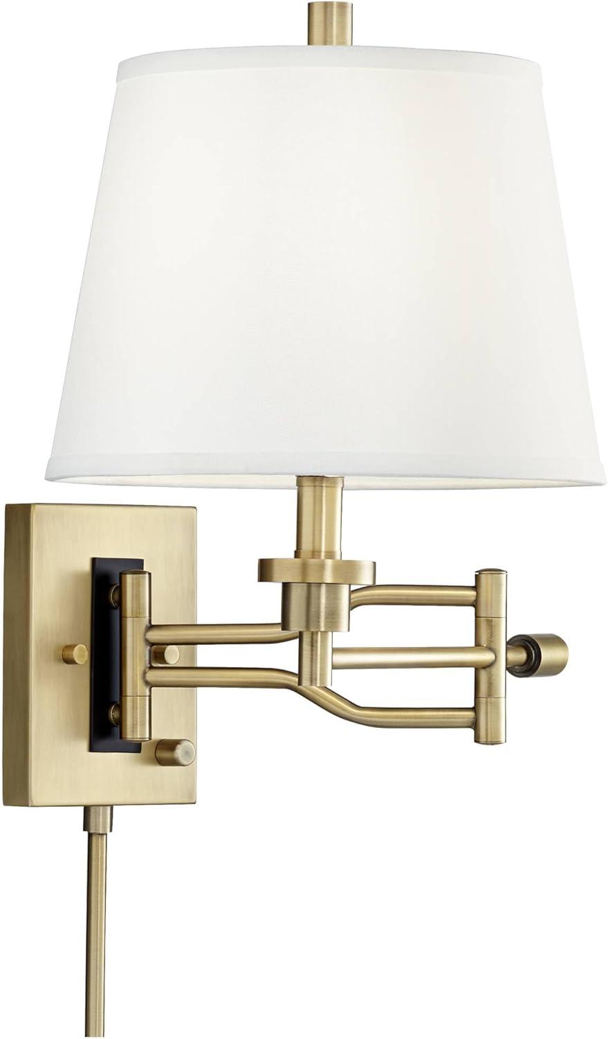 Barnes and Ivy Eleganta Vintage Swing Arm Wall Lamps Set of 2 Brushed Satin Brass Plug-In Light Fixture White Linen for Bedroom