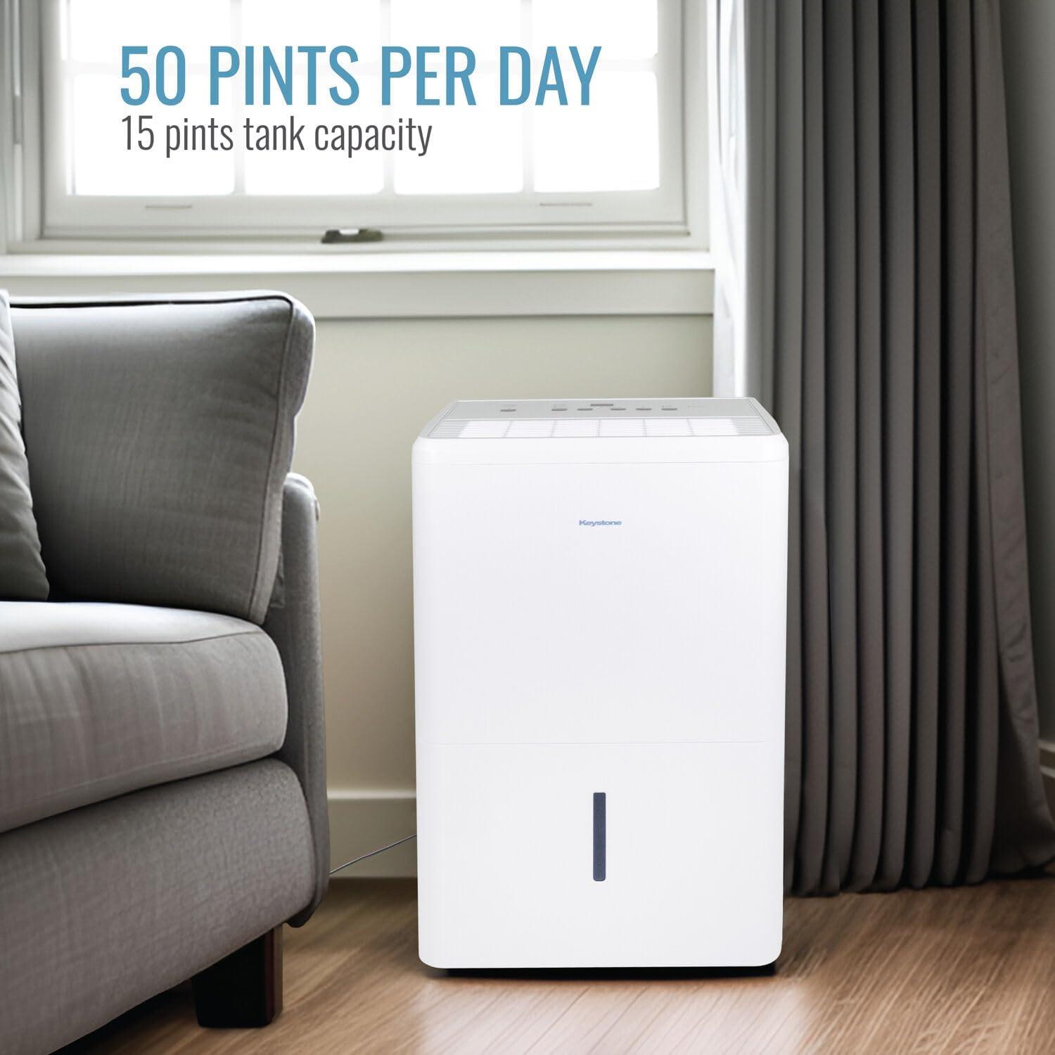 Keystone 50-Pint Portable Dehumidifier, 115V, for Rooms up to 4500 Sq.Ft, White