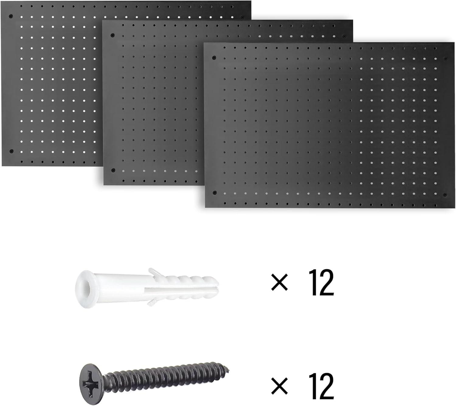 Heavy Duty Black Steel Pegboard Panels Set, 24in x 16in, 3 Pieces