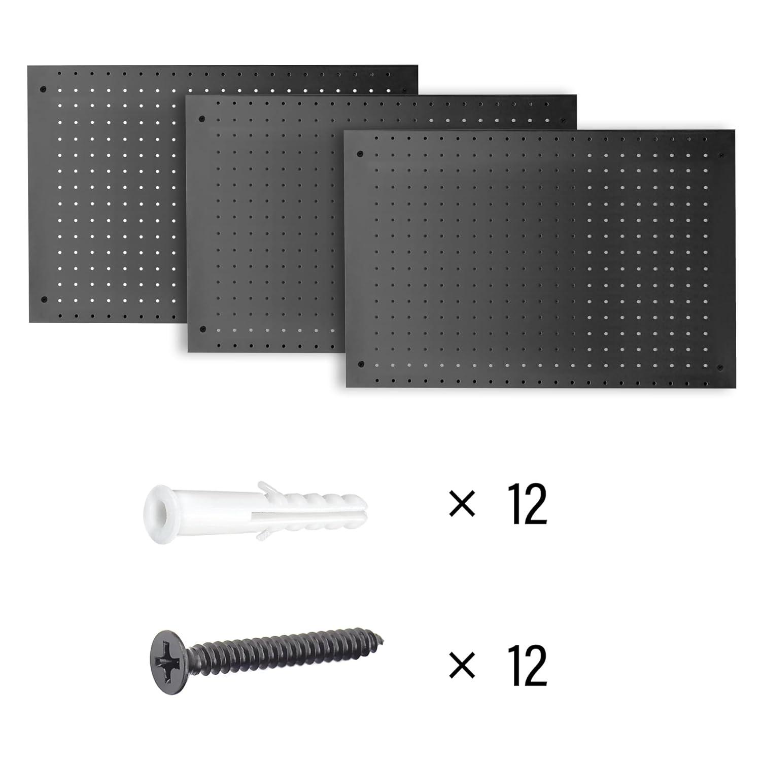 Heavy Duty Black Steel Pegboard Panels Set, 24in x 16in, 3 Pieces