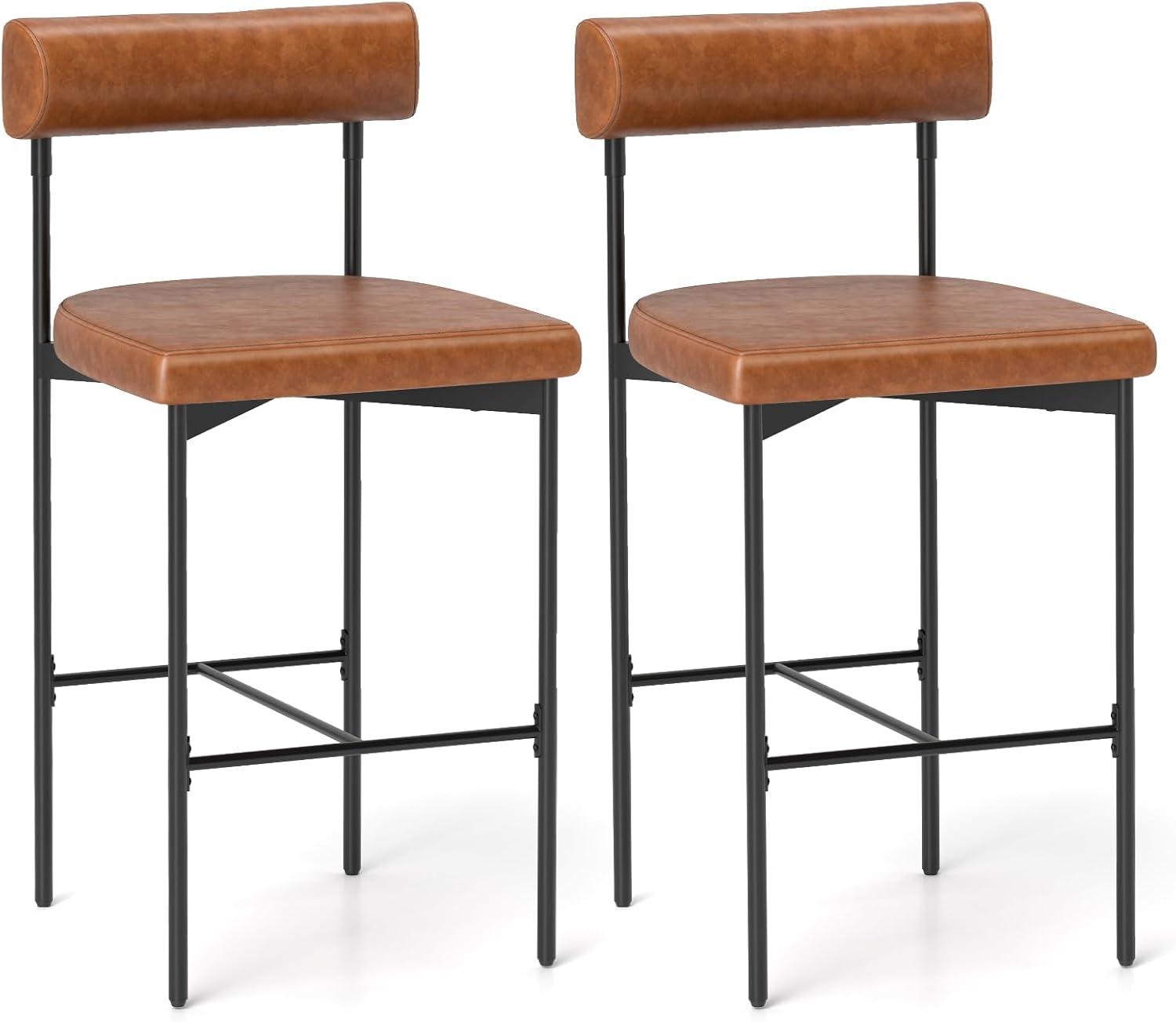 Brown Faux Leather and Metal Counter Stools, Set of 2