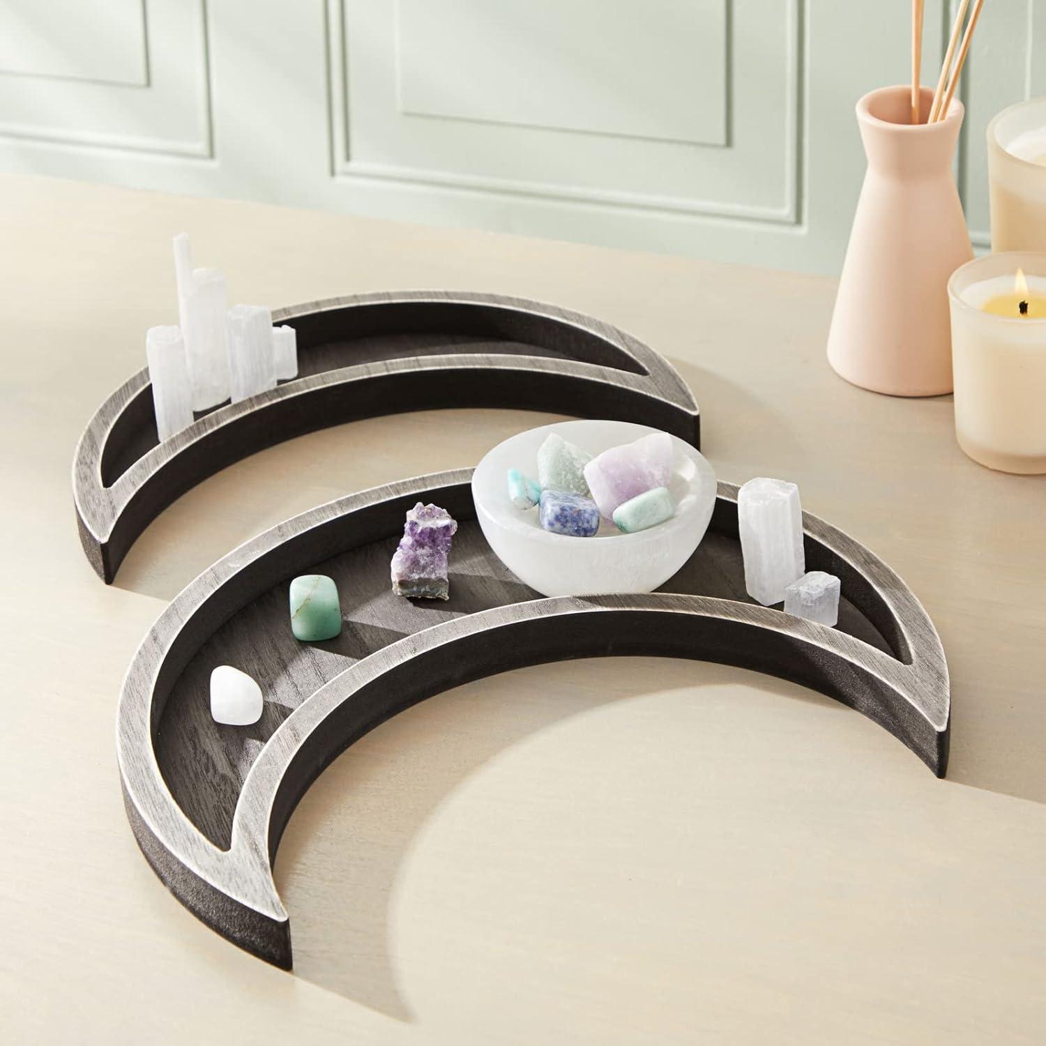 Farmlyn Creek 2-Piece Dark Brown Decorative Wooden Crescent Moon Tray - Rustic Home Décor Accents for Nursery & Shelf Decor - Crystals, Essential Oils, Gemstone Display & Perfume Tray