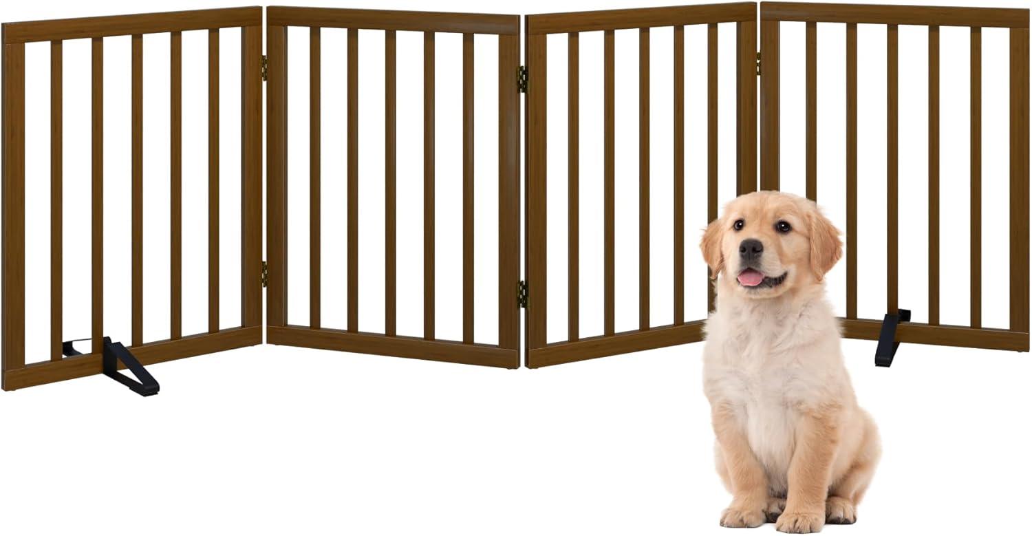 Brown 4-Panel Freestanding Retractable Pet Gate with Metal Hinges