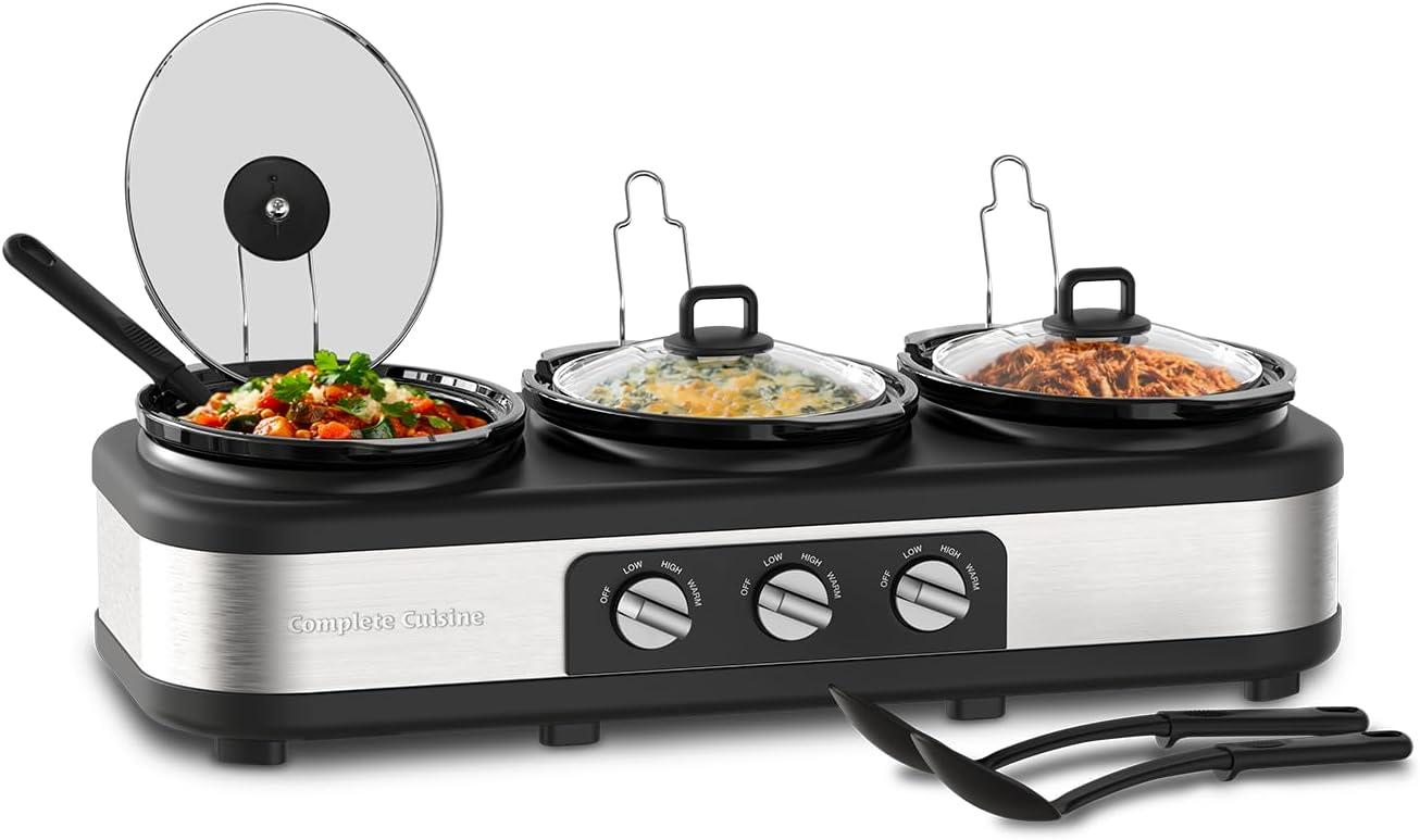 Complete Cuisine Stainless Steel Triple Slow Cooker, Buffet Food Server with Removable Ceramic Pots, Glass Lids for Kitchen, 2.5 Quart, Black/Silver