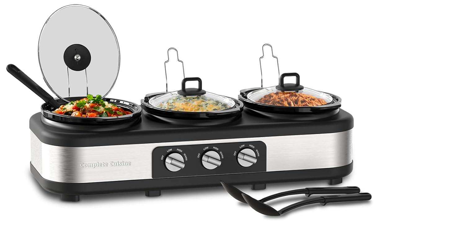 Complete Cuisine Stainless Steel Triple Slow Cooker, Buffet Food Server with Removable Ceramic Pots, Glass Lids for Kitchen, 2.5 Quart, Black/Silver