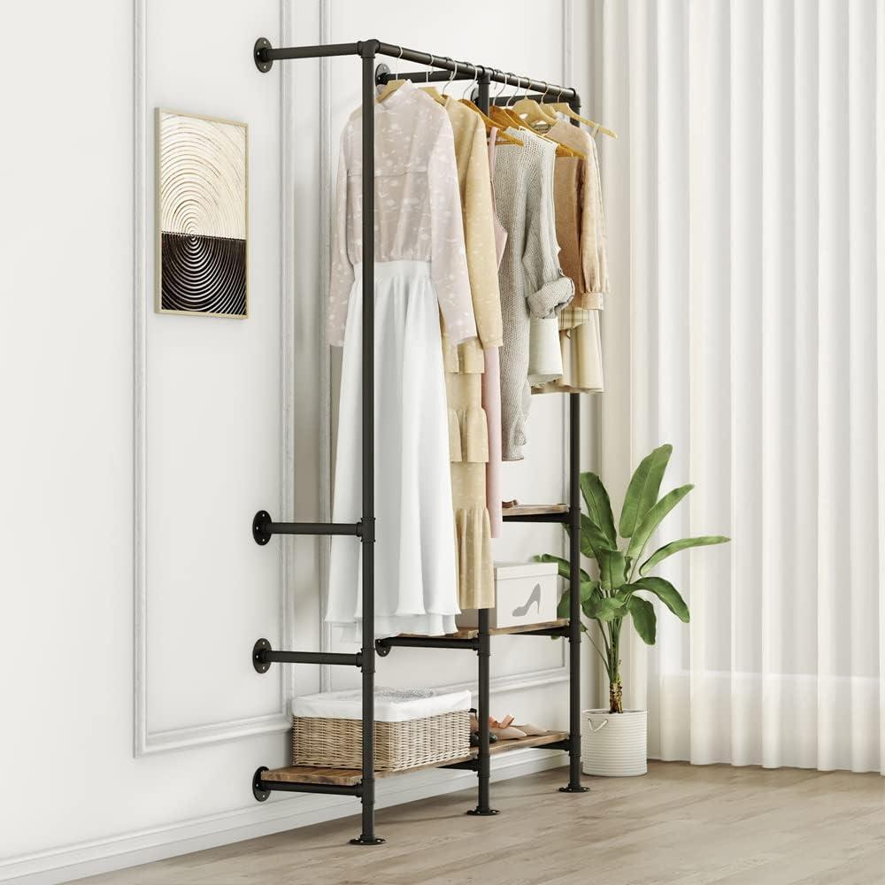 Black Industrial Pipe Wall Mounted Clothing Rack with Shelves