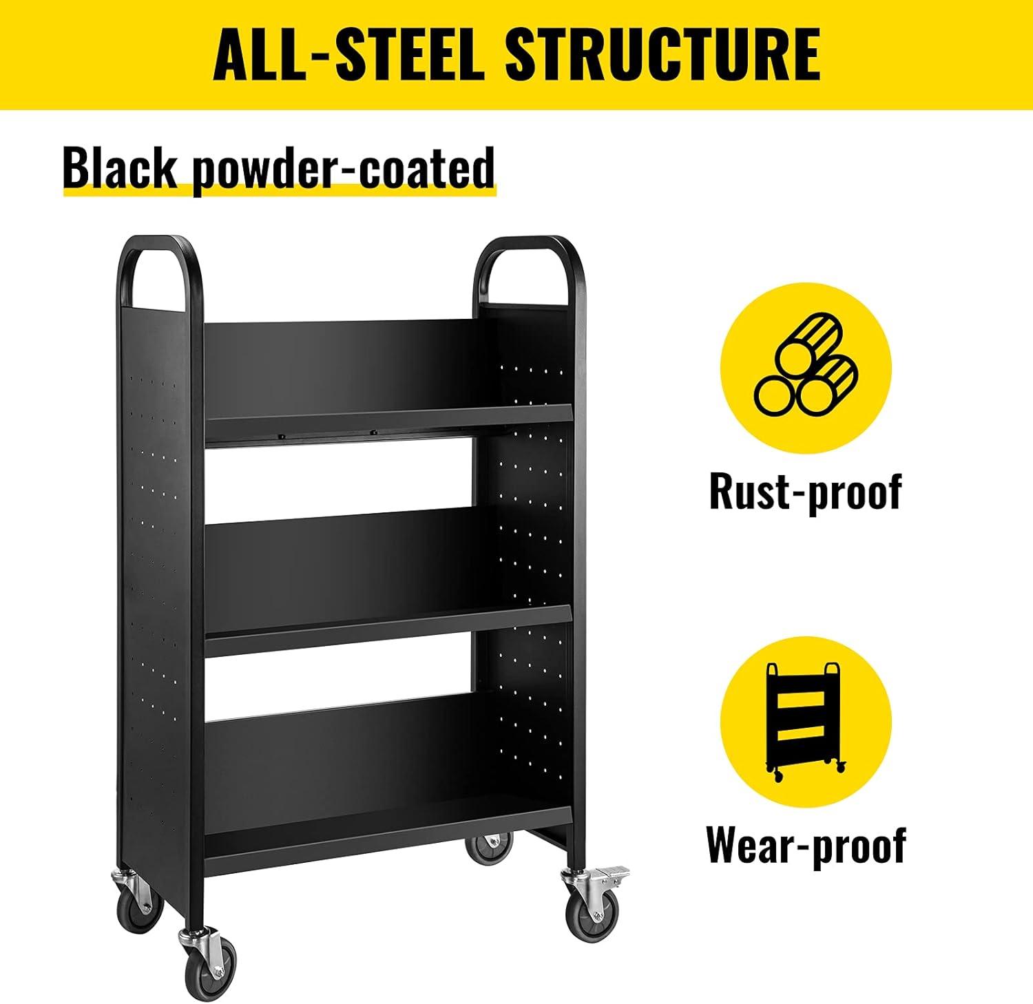 VEVOR Book Cart, 200lbs Library Cart, 30x14x49 Inch Rolling Book Cart Single Sided V-Shaped Sloped Shelves with 4 Inch Lockable Wheels, for Home Shelves Office and School Book Truck in Black