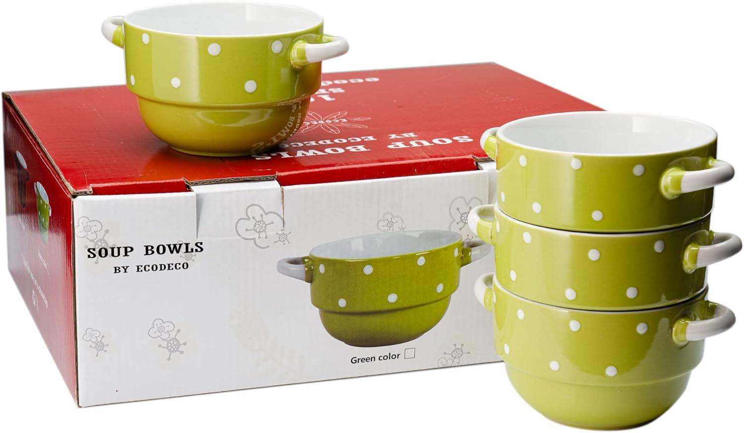 Ecodeco Soup Bowls with Handles Ceramic, Green, 16 oz, Set of 4