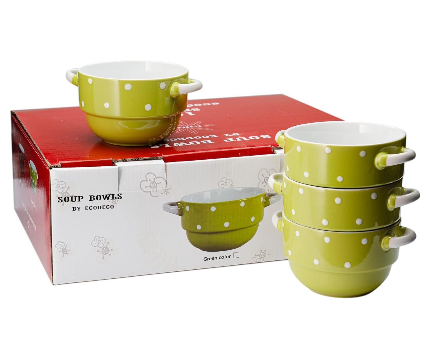 Ecodeco Soup Bowls with Handles Ceramic, Green, 16 oz, Set of 4