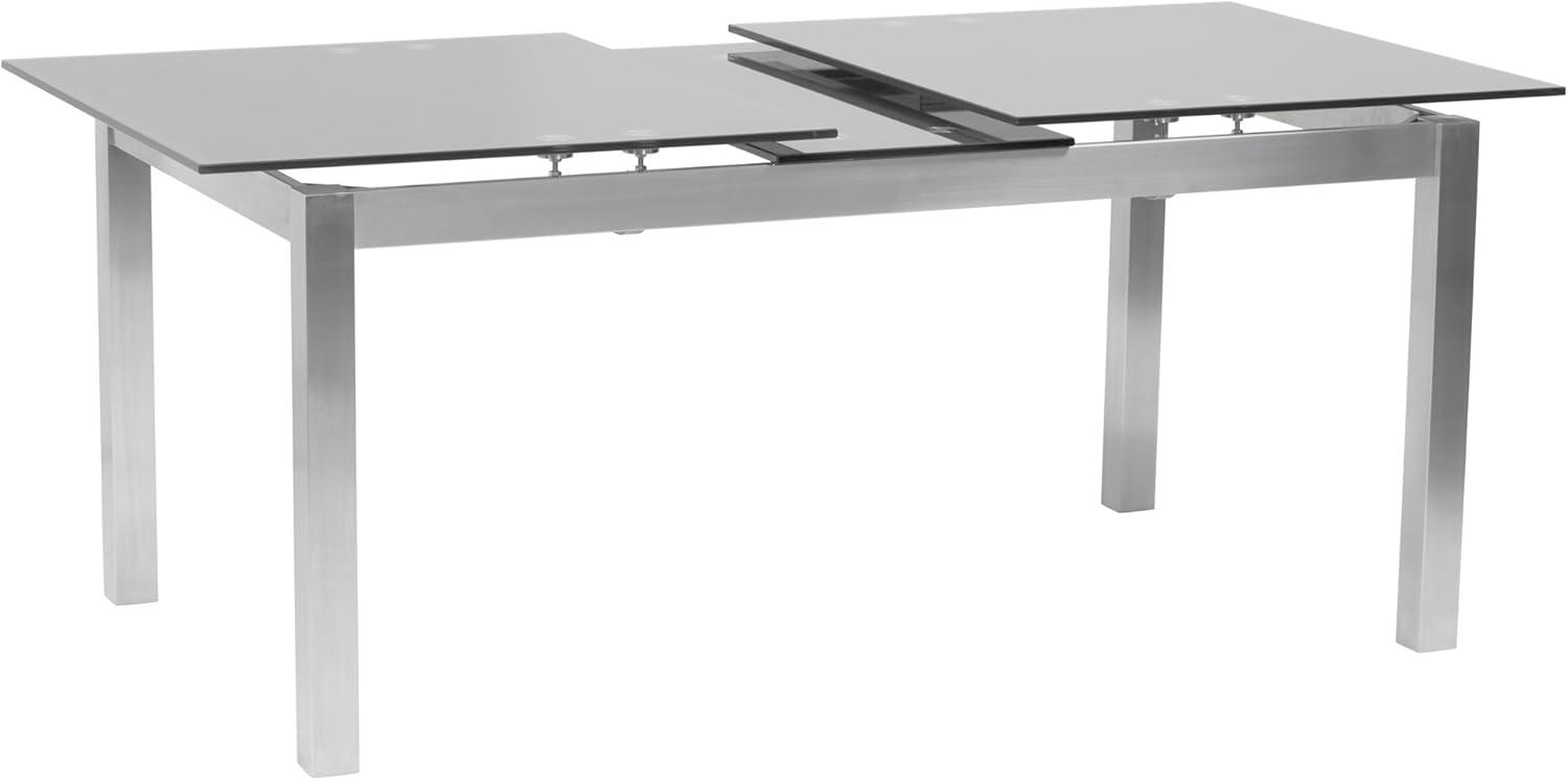 Armen Living IvanExtendable Dining Table in Brushed Stainless Steel and Gray Tempered Glass Top: Modern Self-Storing Leaf, Seats 6