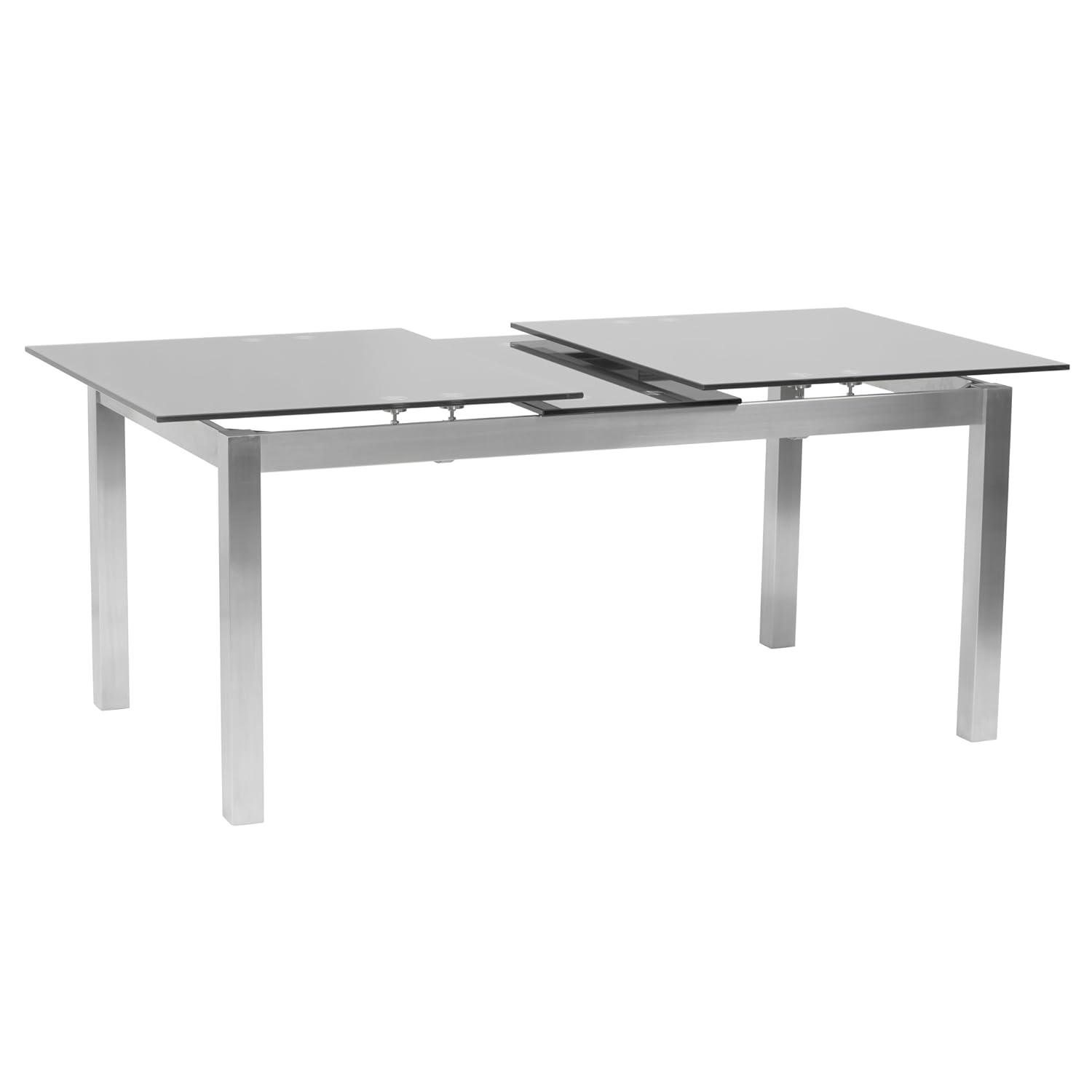 Armen Living IvanExtendable Dining Table in Brushed Stainless Steel and Gray Tempered Glass Top: Modern Self-Storing Leaf, Seats 6