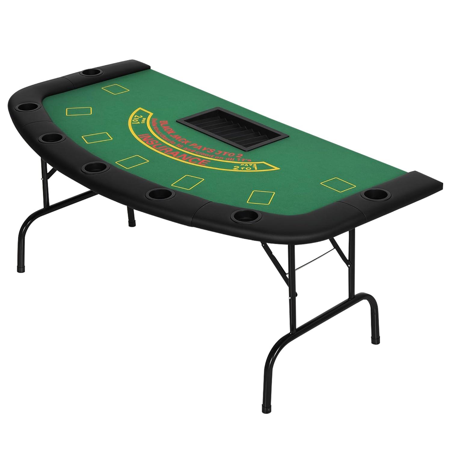 Soozier 72" Foldable 7-Player Poker Blackjack Table with Chip & Cup Holder, Green Felt
