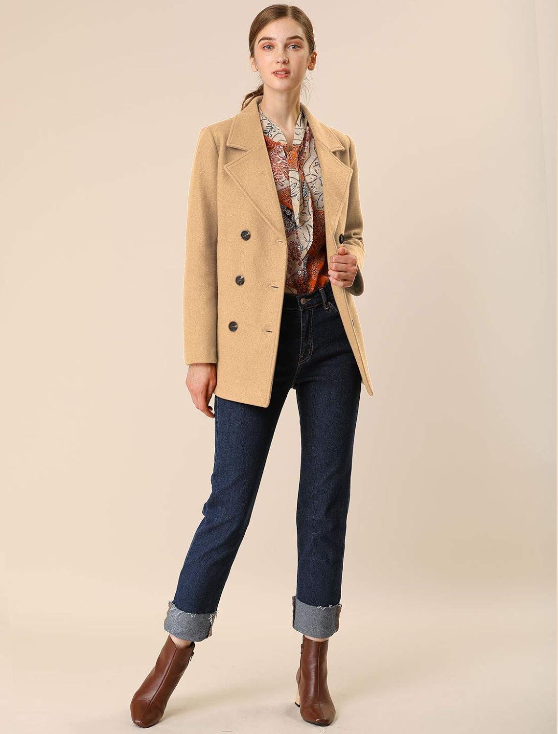 Allegra K Women's Long Sleeves Double Breasted Button Winter Outerwear Pea Coat Camel X-Large