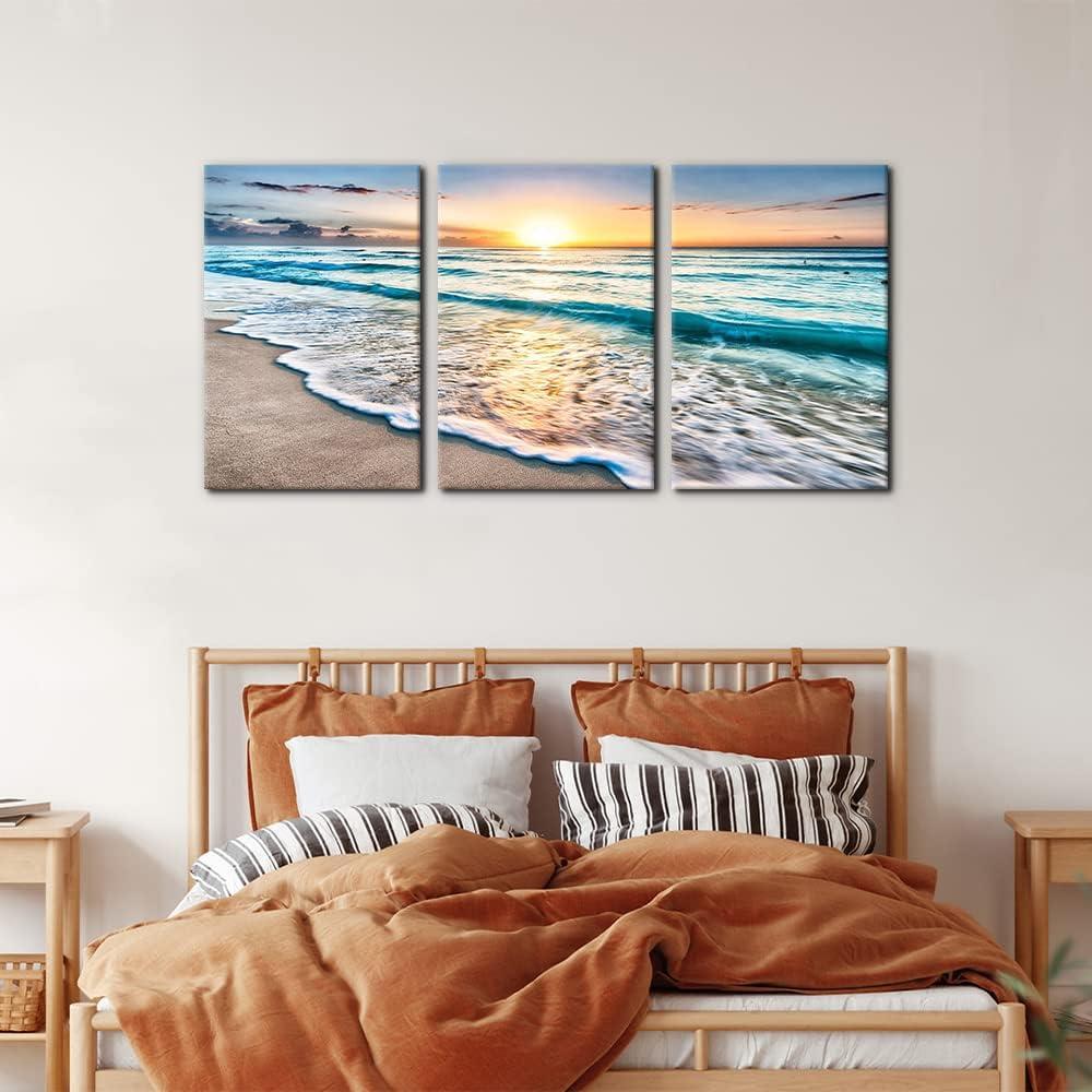Asdg12s-3 Panel Wall Art Blue Sea Sunset White Beach Painting The Picture Print On Canvas Seascape The Pictures for Home Decor Decoration,Ready to Hang
