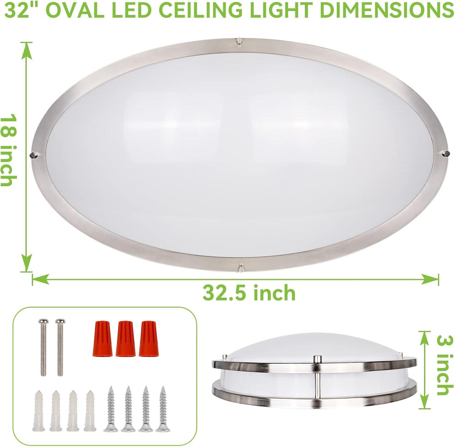 Hykolity 32 Inch Oval LED Ceiling Light, 60W, 4000LM, 2700K/3000K/3500K/4000K/5000K Adjustable, Brush Nickel Finish Dimmable Flushmount Ceiling Light for Bedroom, Living Room