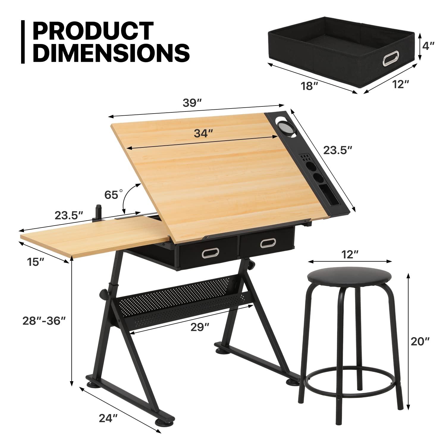 MoNiBloom Draft Desk Drawing Table with Stool Set, Height Adjustable Desk Tiltable & Slide-Out Tabletop with Side Trays & Drawer for Reading Writing Art Craft Work Station, Natural