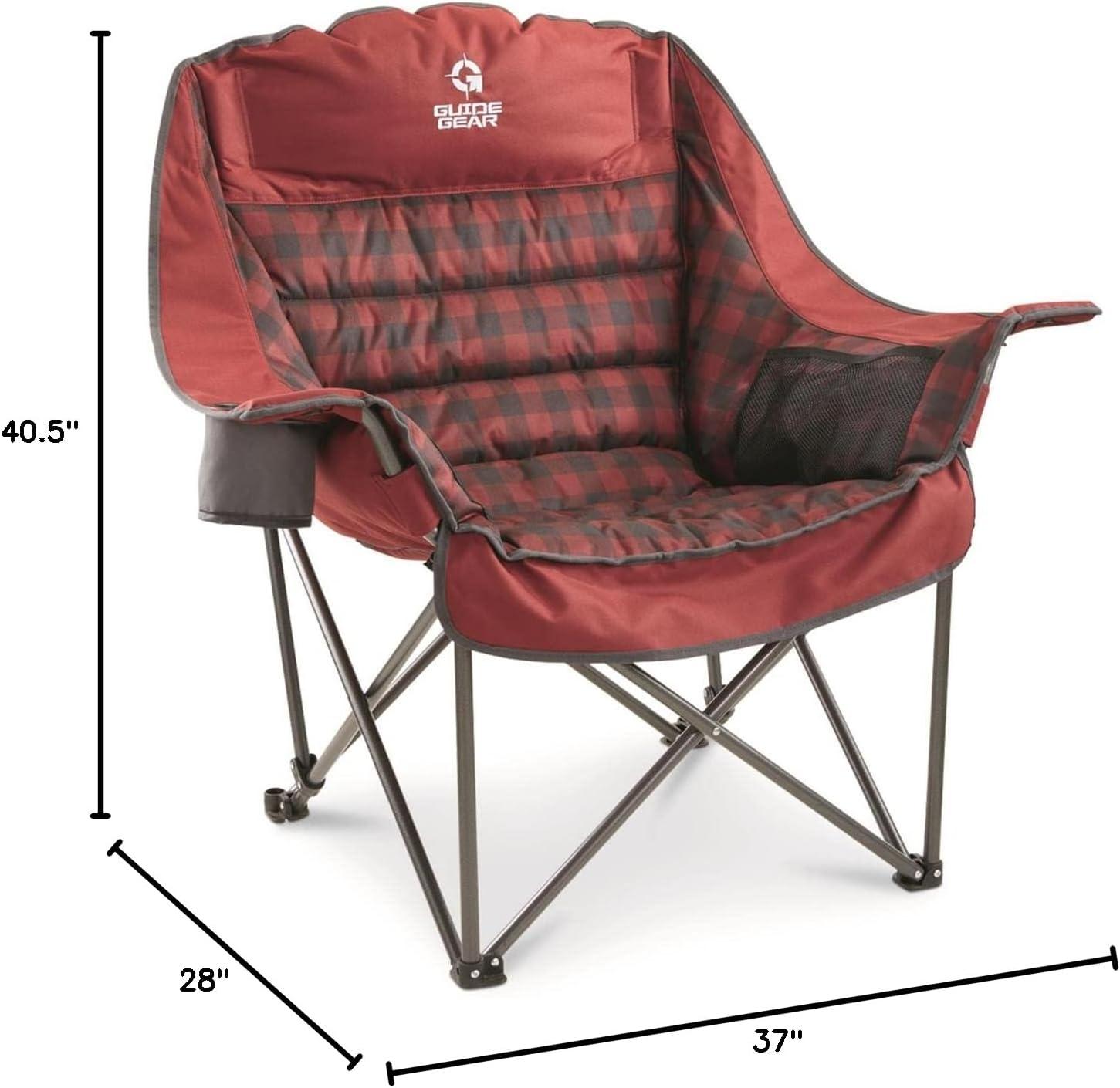 Oversized Red Plaid Padded Camping Chair with Steel Frame