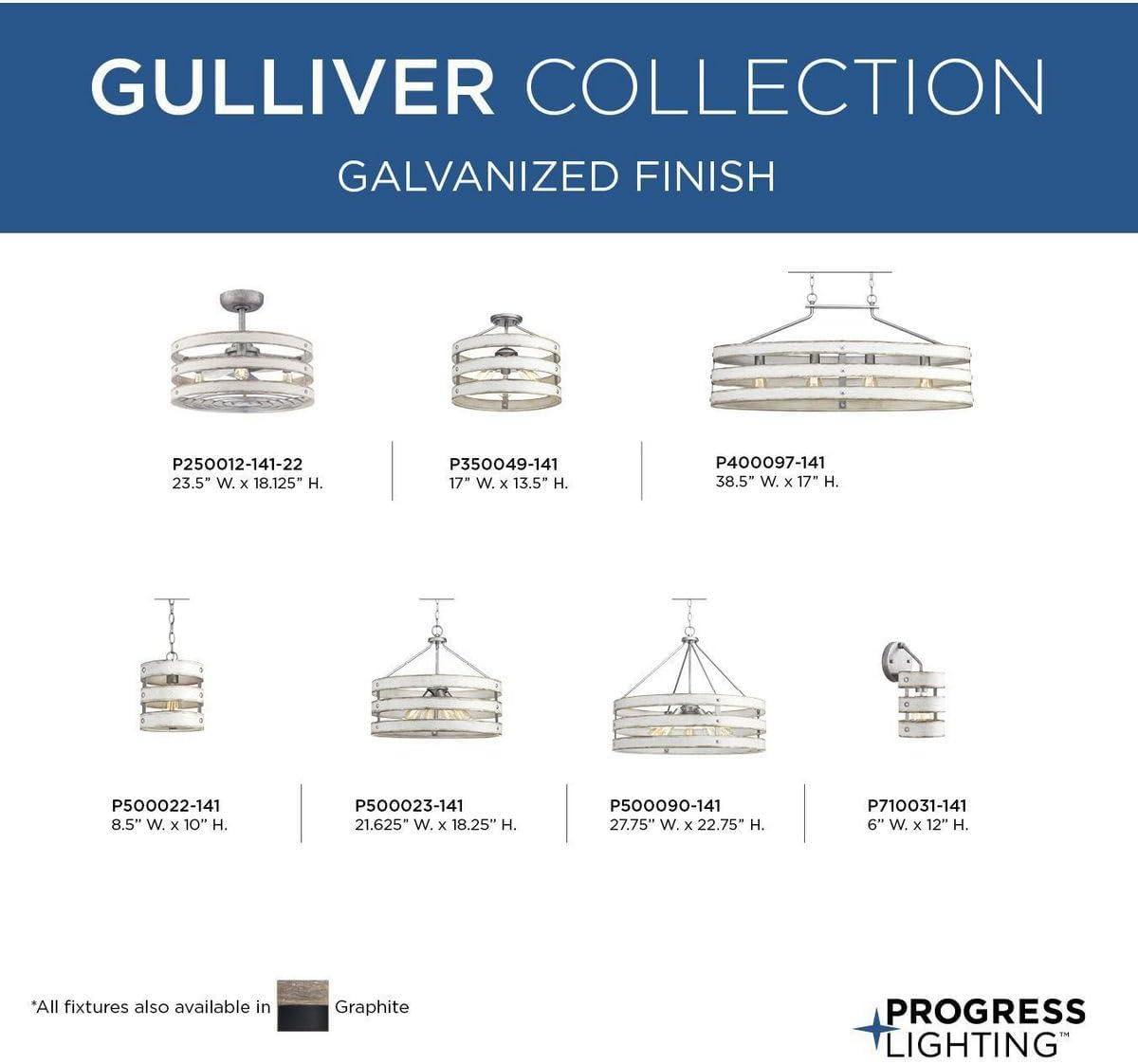 Progress Lighting Gulliver 1-Light Wall Sconce, Galvanized, Open Design, Wood Grained Texture, Canopy Included