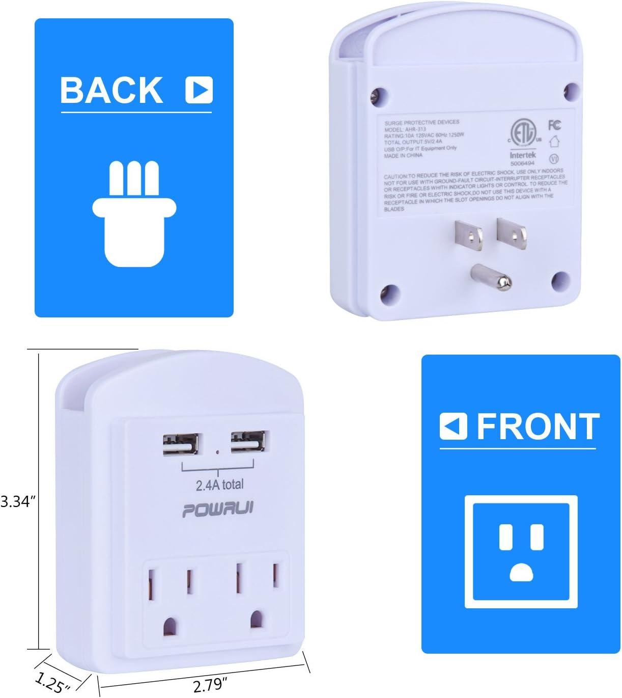 Outlet Extender USB Wall Charger - POWRUI Multi Plug Wall Outlet Splitter with 2-Outlet and 2 USB Ports, Non Surge Protector for Cruise Ship Essentials, White, ETL Listed