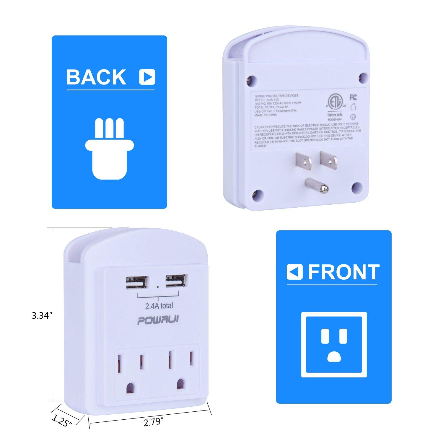 Outlet Extender USB Wall Charger - POWRUI Multi Plug Wall Outlet Splitter with 2-Outlet and 2 USB Ports, Non Surge Protector for Cruise Ship Essentials, White, ETL Listed
