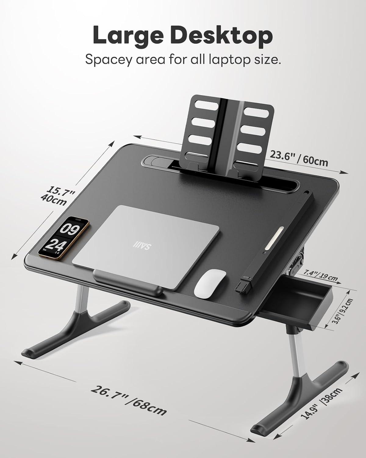 Laptop Table with LED Desk Light, SAIJI Laptop Stand for Bed, Height Adjustments Bed Desk with Book Stand for Reading Writing Drawing (Black)