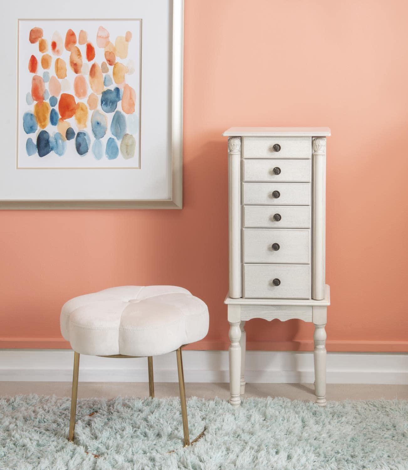 Off-White Distressed Finish Cottage Jewelry Armoire with Mirror