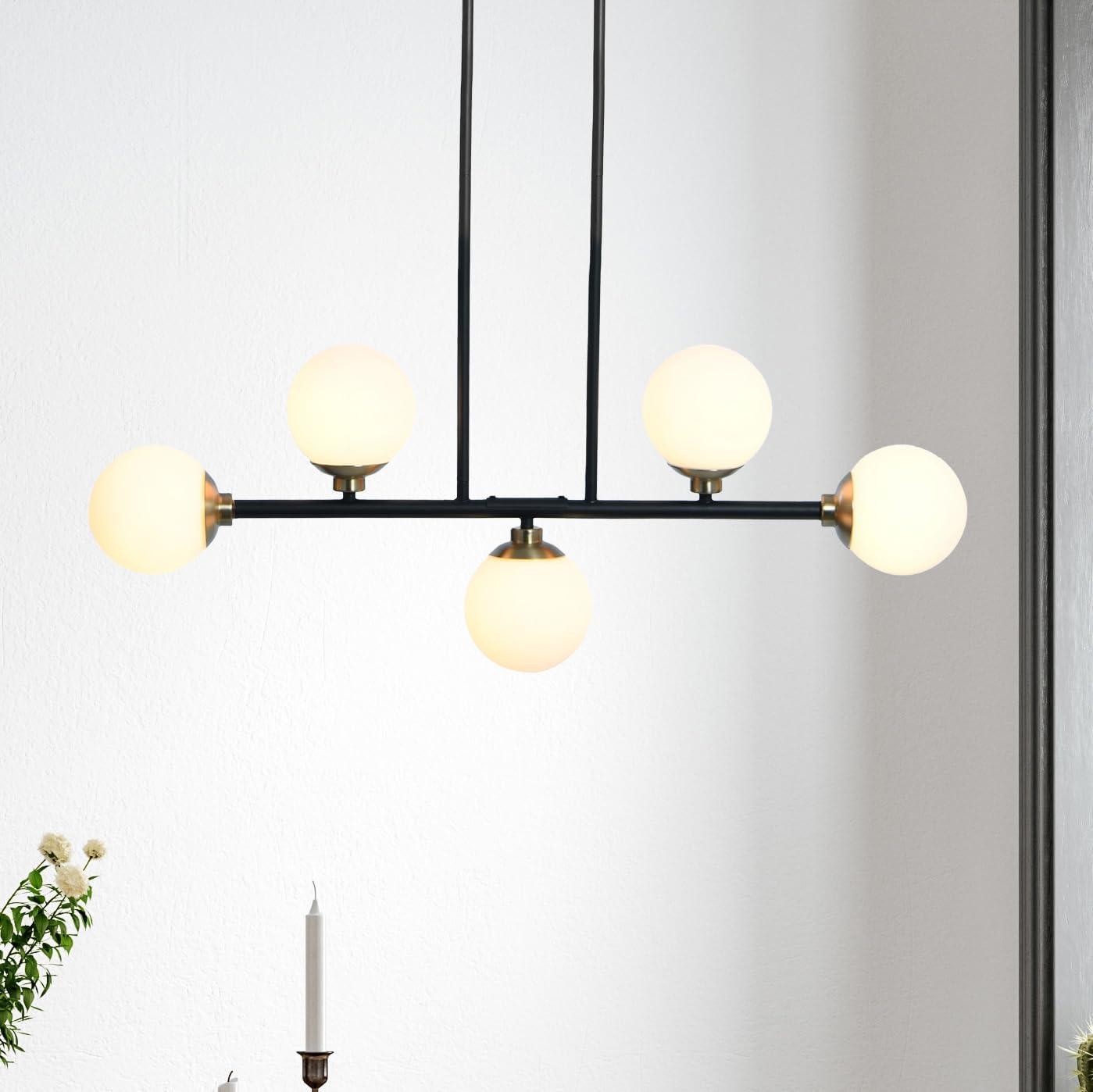 Robert Stevenson Lighting Lorne Metal and Frosted Glass 5-Light Chandelier Matte Black: Mid-Century, ETL Listed, Opal Glass