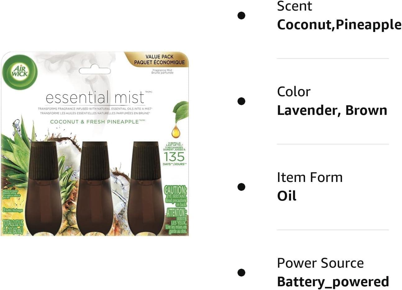 Air Wick Essential Mist Refill, 3 ct, Coconut and Pineapple, Essential Oils Diffuser, Air Freshener