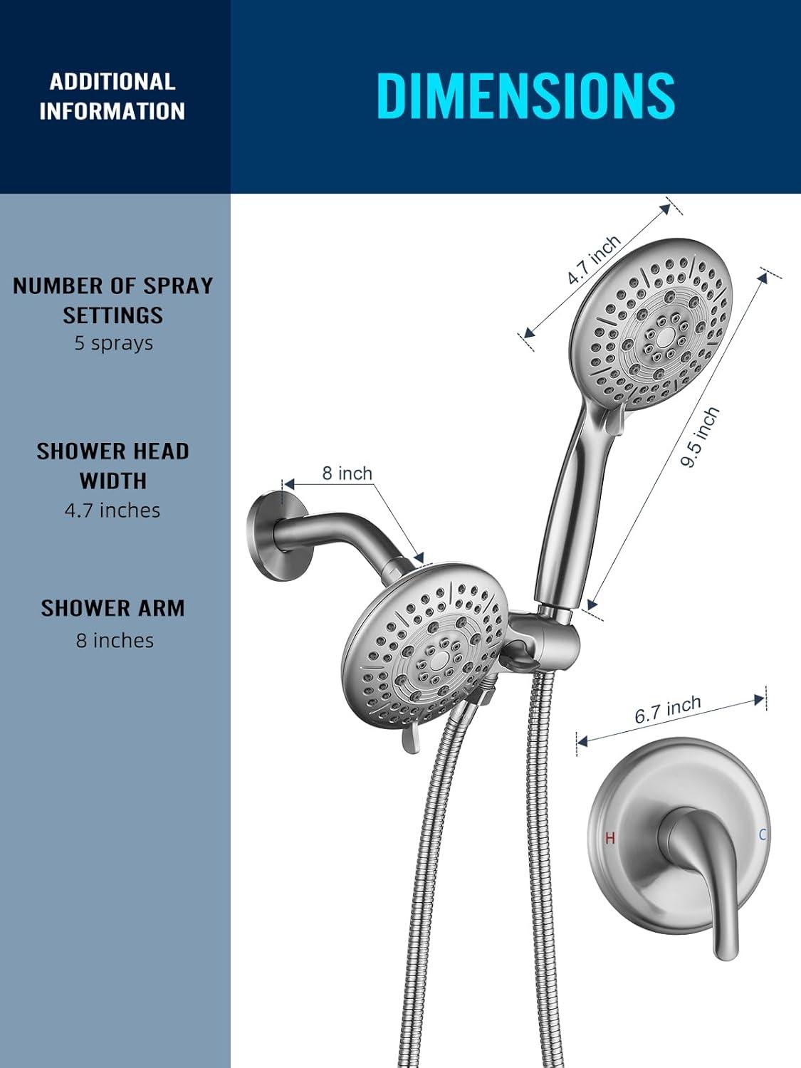 Cobbe Shower Head with handheld, High Pressure Shower Faucet Set with Hose Adjustable Bracket Rubber Washers, Dual 2 In 1 Shower System Brushed Nickel(Valve Include)