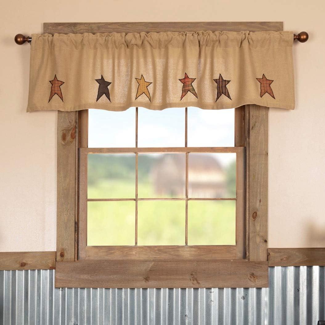 VHC Brands Stratton Primitive 16"x72" Stars Valance Tan Rod Pocket Appliqued Cotton Burlap Kitchen Window Curtains