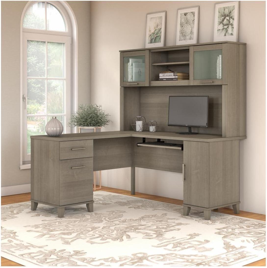 Bush Furniture Somerset 60" L Desk and Hutch with Storage, Ash Gray