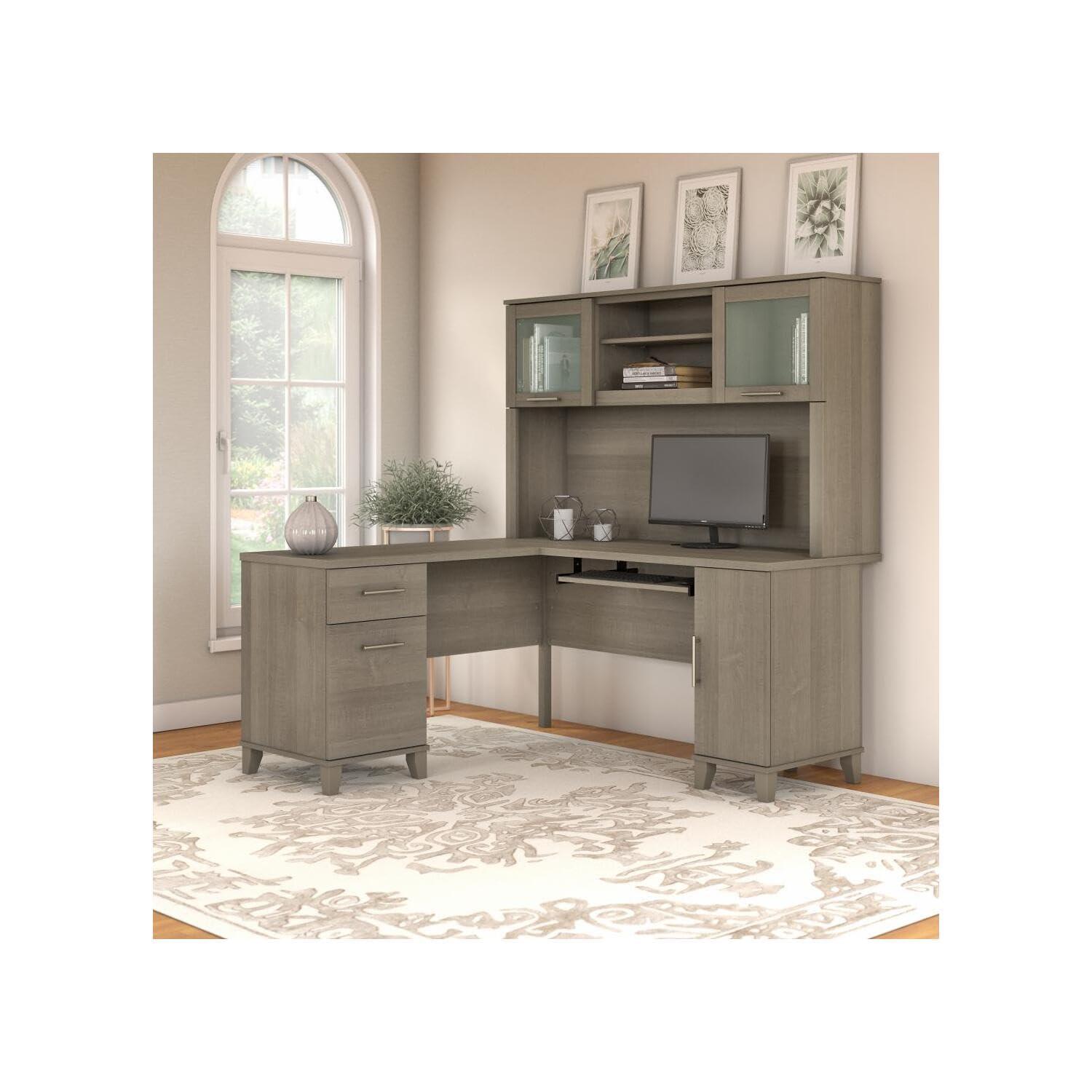 Bush Furniture Somerset 60" L Desk and Hutch with Storage, Ash Gray
