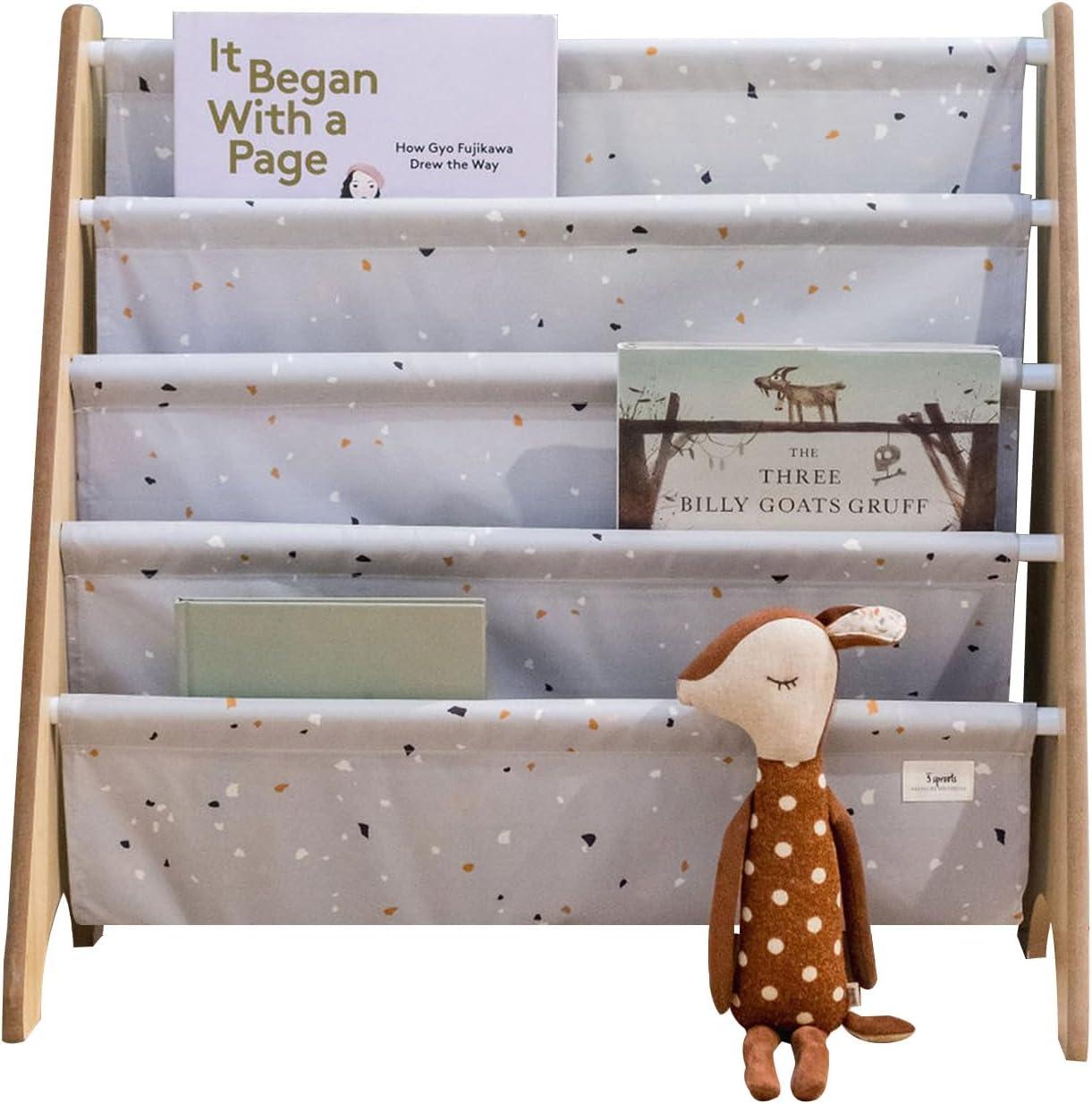 3 Sprouts Recycled Fabric Kids Book Rack Storage Bookshelf Organizer in Light Gray Terrazzo for Ages 3+